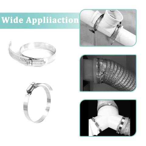 Six Piece Stainless Steel Hose Clamp Set For Ducts And Air Venting Including 4 Inch And 6 Inch Clamps, Rust Proof 304 Grade shown in use