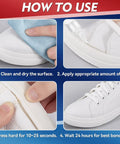 Instructions for using Clear Shoe Glue Sole Repair Kit For Boots And Sneakers, showing cleaning, applying glue, pressing, and waiting steps.