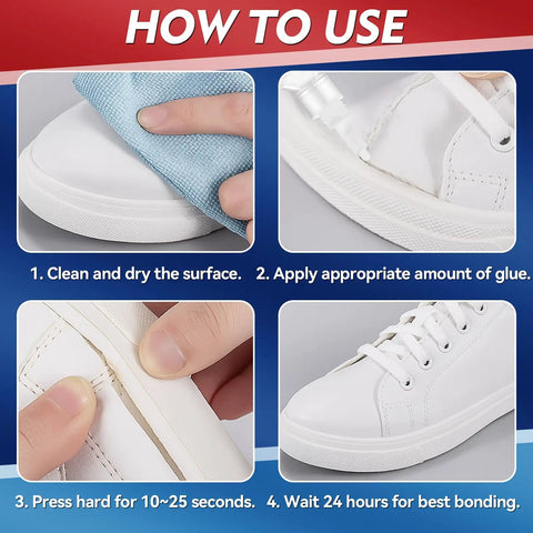 Instructions for using Clear Shoe Glue Sole Repair Kit For Boots And Sneakers, showing cleaning, applying glue, pressing, and waiting steps.