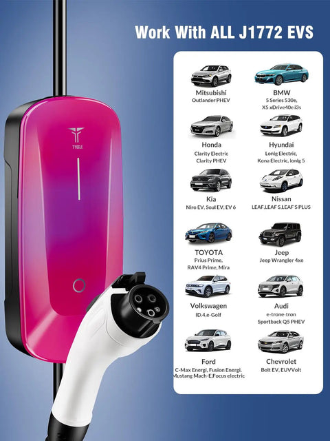 Portable Level 1 And 2 EV Charger With AI Smart Charging next to list of compatible J1772 EVs