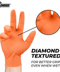 1st Choice orange disposable glove, diamond-textured grip, latex-free, large size, front view
