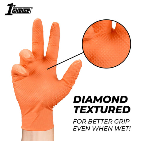 1st Choice orange disposable glove, diamond-textured grip, latex-free, large size, front view