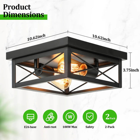 2 Light Industrial Square Flush Mount Ceiling Light Fixture For Kitchen And Hallway, Modern Black Farmhouse Ceiling Light Close To Ceiling E26, 2 Pack Sleek And Sturdy No Fuss, product dimensions displayed.