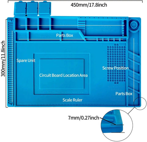 Pro Grade Silicone Repair Mat With Magnetic Features For Electronics Soldering, Two ESD Tweezers, Anti Static Wrist Strap, Built In Ruler, Magnetic Parts Areas, Screw Position Markers, 17.8 Inch By 11.8 Inch with labeled compartments