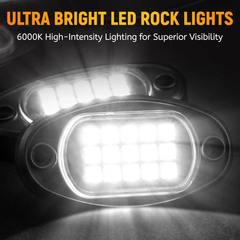 Close-up of illuminated 12 Pod White Rock LED Underglow Lights Kit 6000K Pure White IP68 Waterproof with high-intensity lighting