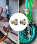 All Metal Garden Hose Repair Kit With Aluminum Mender Connectors And Zinc Clamps For Five Eighths And Three Quarters Inch Hoses, Reusable Male And Female End Fittings, Built Tough Leak Proof, Includes 3 Sets displayed in various repair scenarios.