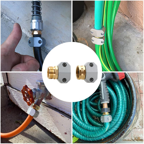All Metal Garden Hose Repair Kit With Aluminum Mender Connectors And Zinc Clamps For Five Eighths And Three Quarters Inch Hoses, Reusable Male And Female End Fittings, Built Tough Leak Proof, Includes 3 Sets displayed in various repair scenarios.