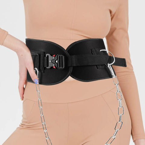 Heavy Duty Weightlifting Waist Belt With Thickened Metal Chain for back support during powerlifting worn by model