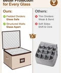 Heavy Duty Wine Glass Storage Box Two Pack With Thick Padded Dividers Secure Hardshell Case For Stemware And Champagne Flutes side by side comparison.