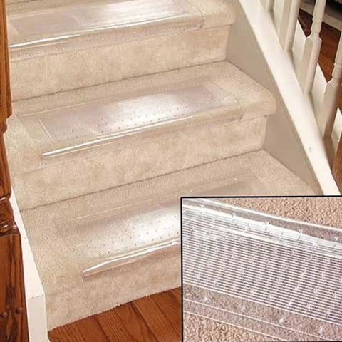 Clear Stair Tread Protectors Set Of 2 24 X 8 Inches Slip Resistant Vinyl Treads With Gripper Teeth For Carpeted Stairs Protection
