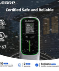 Level Two Electric Vehicle Charger Forty Amp 9.6 Kw Nacs Charging Station showing display with ETL certification and IP67 rating.
