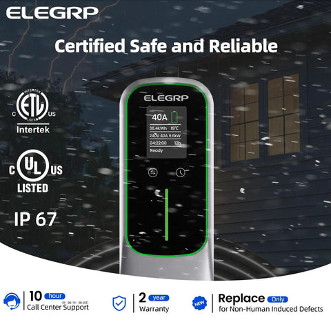 Level Two Electric Vehicle Charger Forty Amp 9.6 Kw Nacs Charging Station showing display with ETL certification and IP67 rating.