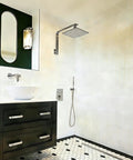 High Rise Shower Arm And Flange With Ten And A Half Inch Gooseneck Wall Riser Solid Brass Brushed Nickel Square Design in bathroom