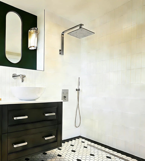 High Rise Gooseneck Shower Arm And Flange 16 Inch Solid Brass With PVD Brushed Nickel Finish in modern bathroom