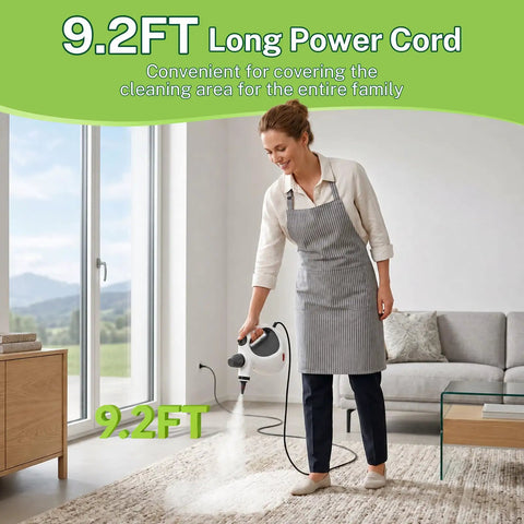 Oviievek Handheld Steam Cleaner With 15 Pcs Accessories And 1050W Fast Heating, 9.2FT power cord for convenient cleaning.