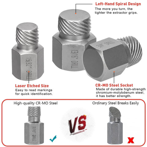 13 Piece Screw Extractor Set With Hex Head MultiSpline Easy Out Kit showing hex head design and CR-MO steel comparison