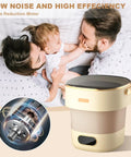 Portable Foldable Washing Machine 13 Liter Mini Washer With Spin Basket, showing a low noise motor design with family.