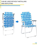 Set Of 2 Portable Folding Lawn Chairs For Patio Or Beach Use, showing blue webbed seats, folded and unfolded view