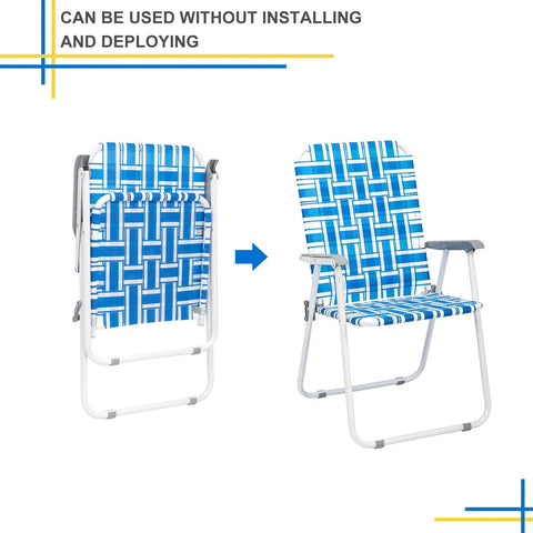 Set Of 2 Portable Folding Lawn Chairs For Patio Or Beach Use, showing blue webbed seats, folded and unfolded view