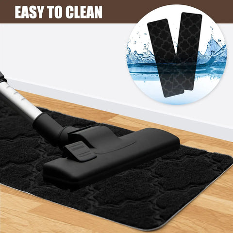 Black Non Slip Stair Tread Carpet 8x30 being vacuumed, showing easy clean feature for wooden steps indoor outdoor mats.