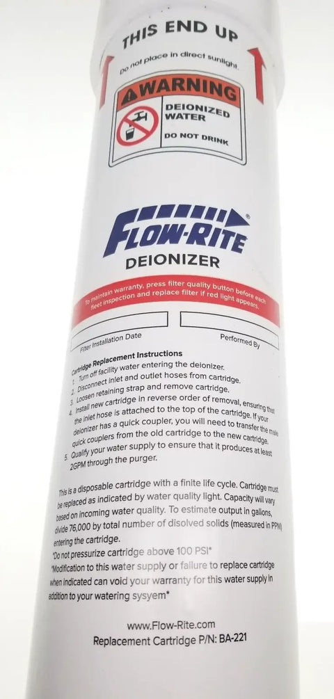 Close-up of BA 221 Replacement Deionized Water Cartridge label showing warnings and instructions for home and commercial use.