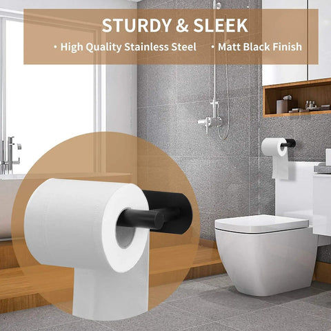 Matte Black Adhesive Wall Mount Toilet Paper Holder No Drill, Rustproof SUS 304 Stainless Steel in modern bathroom setting.