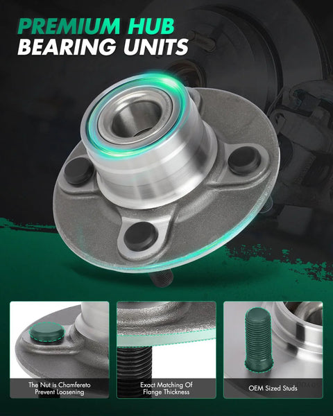 Beefy Wheel Bearing And Hub Assembly Kit For Nissan Sentra NX 200SX Lucino Tsubame 4 Bolt Rear Left Or Right Driver Or Passenger Side Replacement Fits 1991 1993 1995 1998 2000 Models, showing a close-up of the sealed bearing unit with chamfered nut and OEM studs.