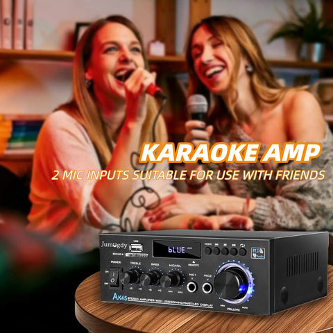 Beefy 800W 2 Channel Bluetooth 5.0 Power Amplifier System With FM Radio USB SD Card for karaoke with friends visible on display