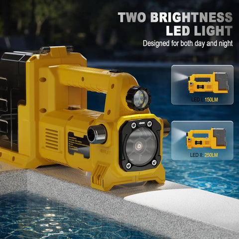 Brushless Water Transfer Pump Cordless Do It All Utility Pump 20V Max Battery Compatible with LED lights next to a pool