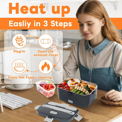Woman using Portable Electric Lunch Box Warmer With 100W Fast Heating, 1.8L Capacity, Perfect For Work Travel Car Or Truck.
