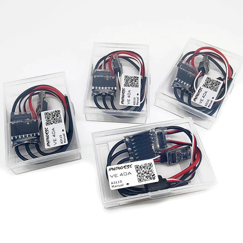 Four AM32 40A Crawler ESC With 5.2 To 8.2V BEC units with cables in clear plastic boxes