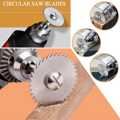 Close-up of circular saw blades from 32 Piece Rotary Tool Accessories Kit Dremel Compatible With Cutting Wheels And Discs.
