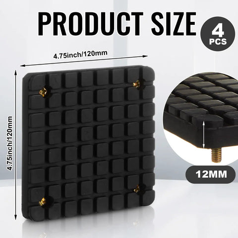 Heavy Duty Square Rubber Lift Arm Pads Set Four With Sure Grip Cushioning For Two Post Auto Jack Stands Garage Blocks Bolt Up Kit For Everyday Mechanic Jobs, 4.75 inch size.