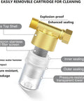 Brass Inline Sediment Filter For Washing Machines, Showers, And Wells showing labeled brass top, 40 micron filter, and sealing rings.