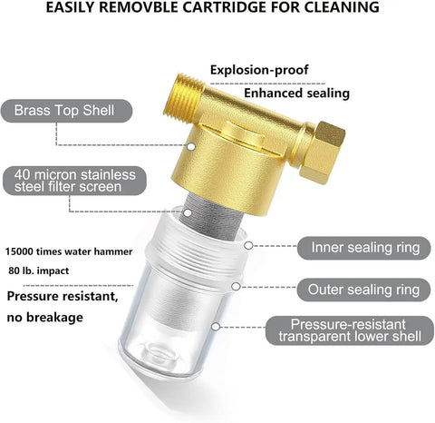 Brass Inline Sediment Filter For Washing Machines, Showers, And Wells showing labeled brass top, 40 micron filter, and sealing rings.