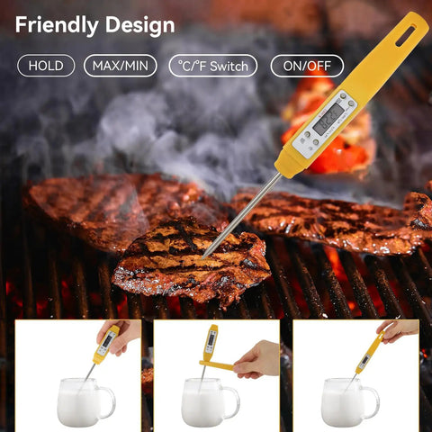 Digital Food Thermometer With Automatic Calibration For High Accuracy Cooking in use on BBQ grill with yellow finish
