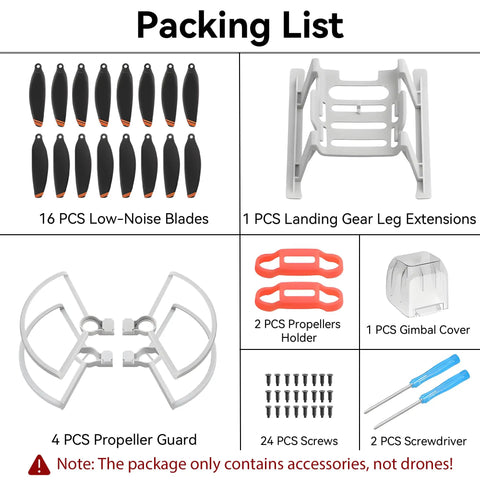 Packing list of DJI Mini 2 Series Drone Accessories Kit with 16 Pro Grade Low Noise Propellers and 24-piece set details.