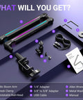 RGB Microphone Boom Arm With Controllable Lighting, Adjustable Low Profile Desk Clamp Mic Stand Kit Components Display