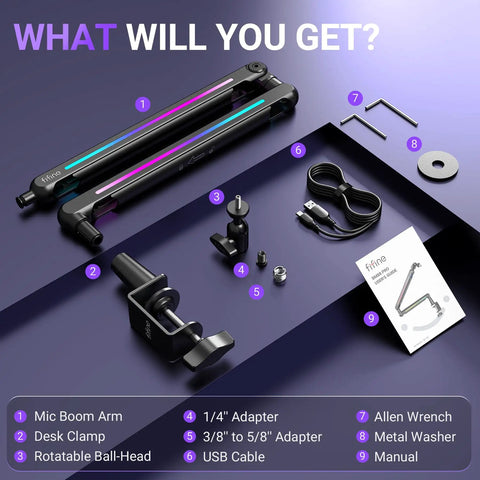 RGB Microphone Boom Arm With Controllable Lighting, Adjustable Low Profile Desk Clamp Mic Stand Kit Components Display