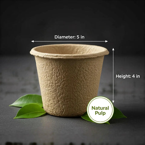 5-inch biodegradable peat pot for seed starting, made from natural pulp, with 20 Pack 5 Inch Biodegradable Peat Pots With 20 Plant Labels, Drainage Holes, Breathable Nursery Pots For Seed Starting, Perfect Seed Starter Kit For Vegetables And Flowers, Easy Marking And Mess Free Growth printed beside it.