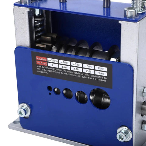 Close-up of Hassle Free Wire Stripper Machine for Electrical Work showing six hole rollers and wire diameter specifications.