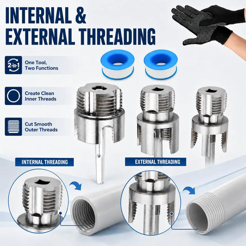 PVC Pipe Threader Kit For 1/2 3/4 1 Inch Plastic Pipes With Internal And External Threading Tool Drill Compatible Includes 3 Hex Adapters Gloves And Thread Seal Tape For Quick Pro Quality Pipe Connections. Internal and external PVC pipe threading tool with gloves, adapters, and threaded pipe examples.