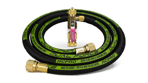 Valve Core Removal Tool For HVAC Pro Grade Kit with braided black and green hose, brass connectors, dual force labeling