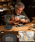 Man using 10X Magnifying Lamp With Stand And LED Light 2 In 1 Pro Grade Hands Free Desk Clamp Lamp for jewelry making.