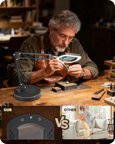 Man using 10X Magnifying Lamp With Stand And LED Light 2 In 1 Pro Grade Hands Free Desk Clamp Lamp for jewelry making.