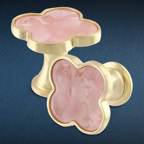 Four Leaf Clover Cabinet Knobs 12 Pack Zinc Alloy Drawer Pulls with Pink Surface and Golden Base, 32mm Size