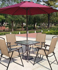 Outdoor patio folding chairs set of 2 sling chairs for camping garden pool or beach around a table under red umbrella