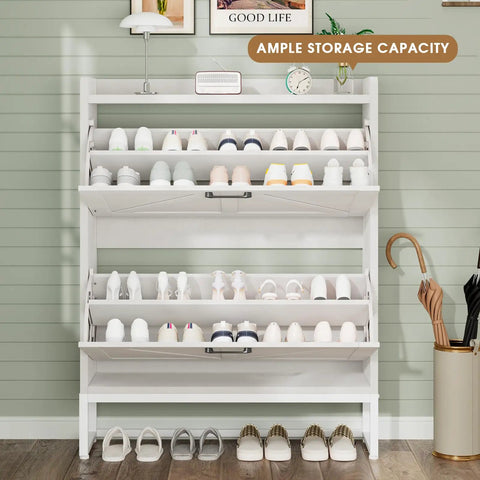 Space Saving Shoe Cabinet With Two Flip Drawers And Adjustable Shelf, Narrow White Shoe Organizer That Holds 16 Pairs Or More