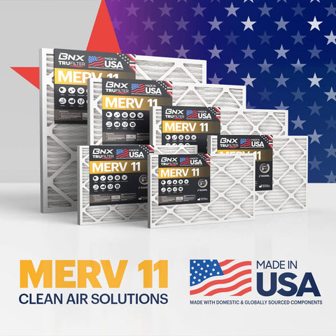 Image showing six-pack of Air Filter 20x20x1 MERV 11 pleated electrostatic media with USA flag backdrop.