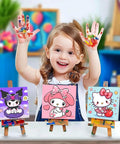 Child smiling with painted hands next to 4 Pack Kids Paint By Numbers Kit With Frame And Wooden Easel Kid Friendly DIY Acrylic Paint Set.